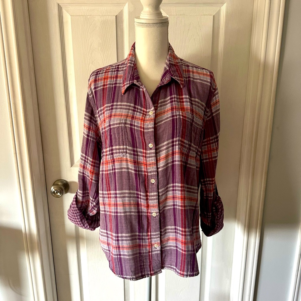 Plaid Button-Up Women's Top - Purple and Red XL Riders by Lee. EUC